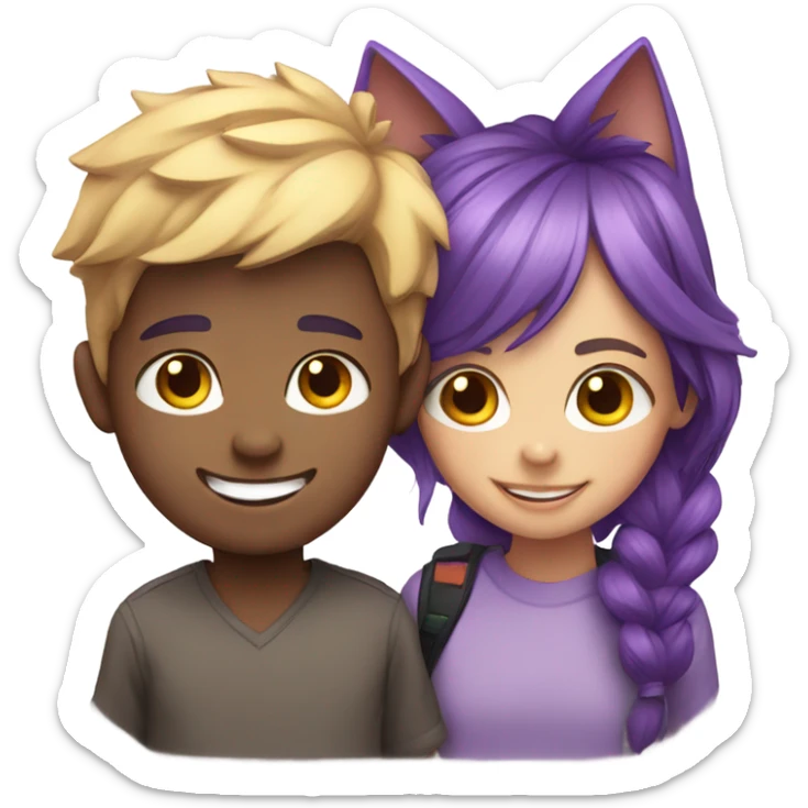 Smiling girl with purple hair and smiling boy with cat ears sticker