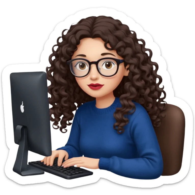 a european white young woman with very long wavy dark brown/chocolate hair with curls at the end of her long hair typing in a computer. she's using round glasses, her lips are light red and her cheeks slightly pink. Her eyes are dark brown. She's using a dark blue knit sweater  sticker