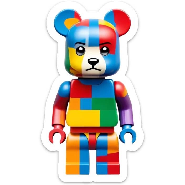 Lego bearbrick covered in colorful graffiti art, X symbols for eyes, blocky Lego aesthetic, spray paint style sticker