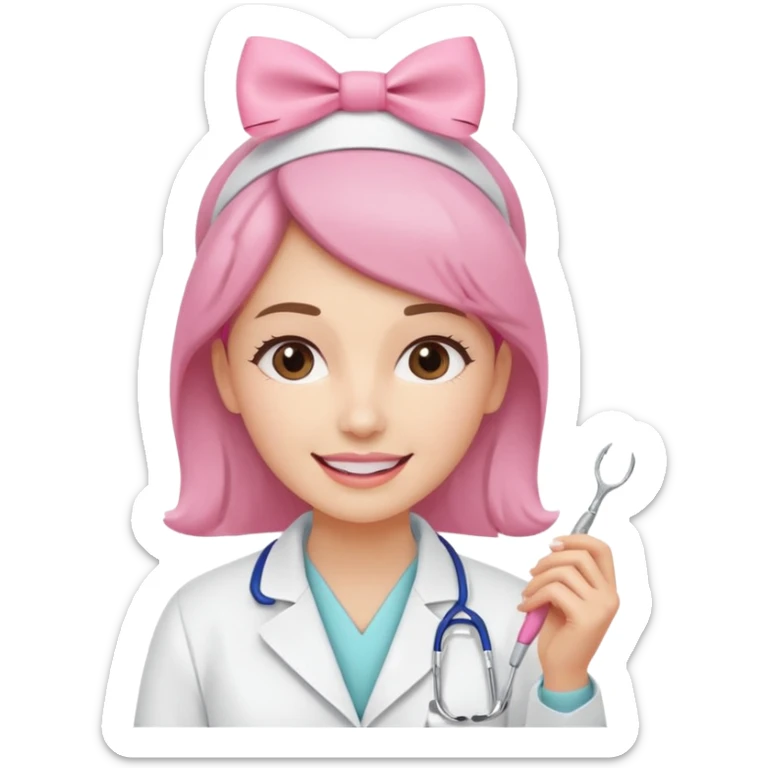 oji style illustration of a female dentist, friendly and smiling, wearing a white coat, with a small pink bow on her head, representing oral cancer awareness, caring and healing, soft colors, simple design, flat illustration, white background. sticker