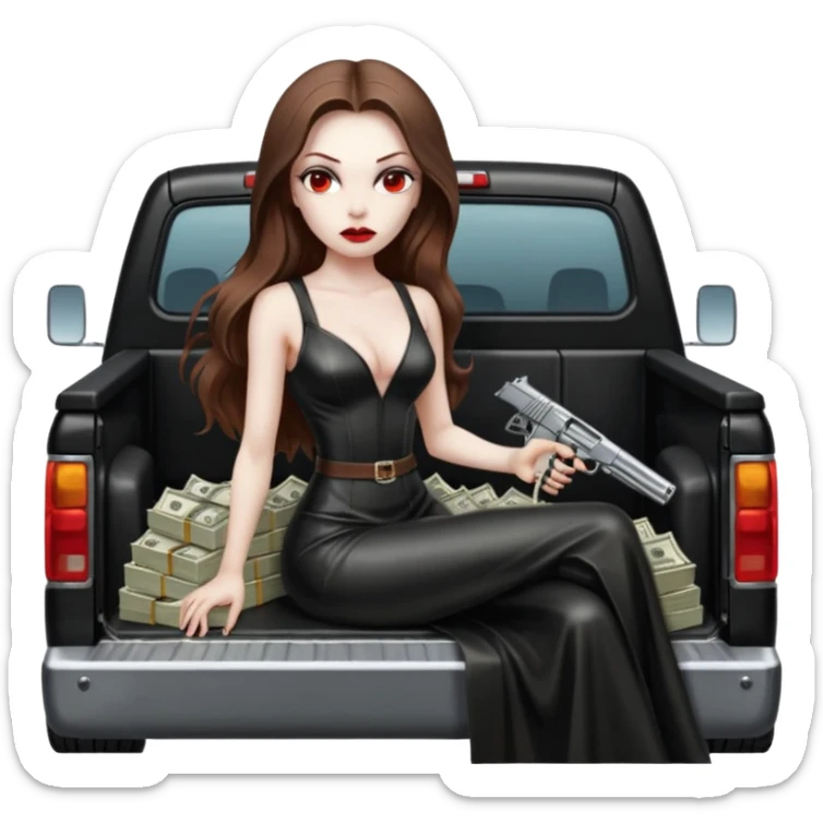 Lilith symbol red eye seductress evil long brown haired sexy succubus woman with leather long dress with slit on, sitting in Big Large F350 pickup truck. Back seat full of stacks of cash, she is  Holding a human skull of her enemies and a gun in other hand sticker