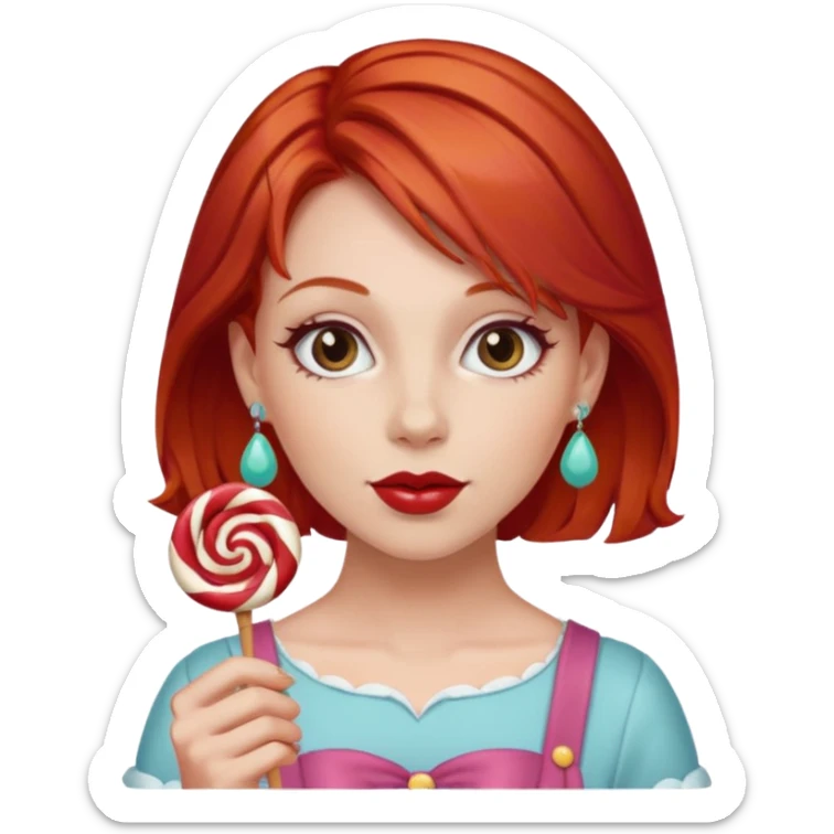 red hair woman with sweet treat accessories, not holding a candy sticker