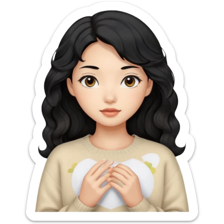 Beautiful girl,Black hair, wavy long hair,Black eyes,Chinese, beige sweater  sticker