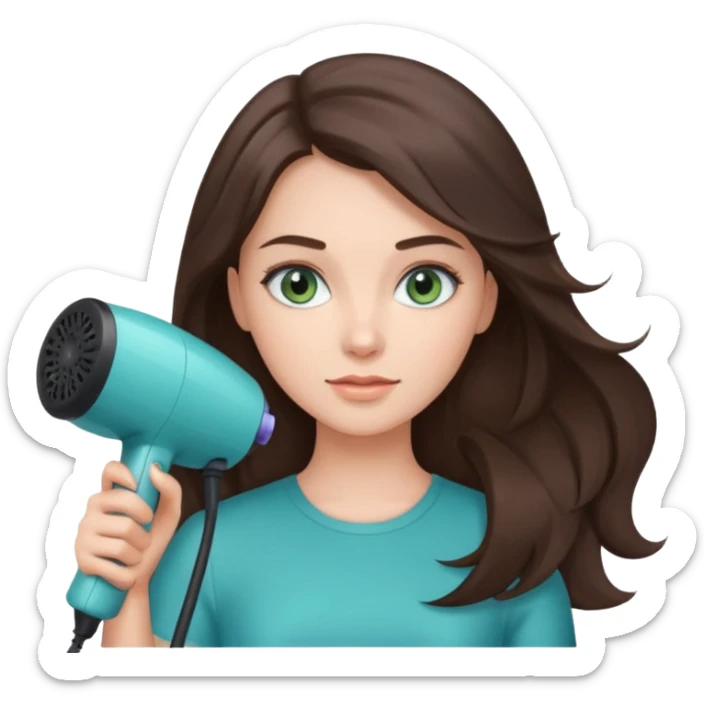 brunette bob girl hair stylist with blue green eyes holding a hair dryer sticker
