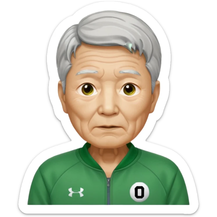Design Ali Abdul replaced with Oh Il-nam (Player 001), elderly Korean male, wrinkled face, gray hair, green tracksuit with white number 001 visible. sticker