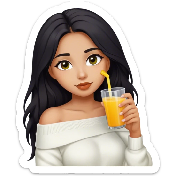 Latina girl with dark long hair and dark eyes and olive skin wearing white off shoulder sweater with juice sticker