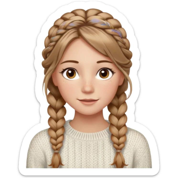 light brown hair blonde hair hazel eyes woman with a white cable knit sweater thatand one braid down her back  with tendrils of hair flowing down her face and she is happy pale, some freckles, blush. she has a cateye wing and long lashes she has eyeliner sticker
