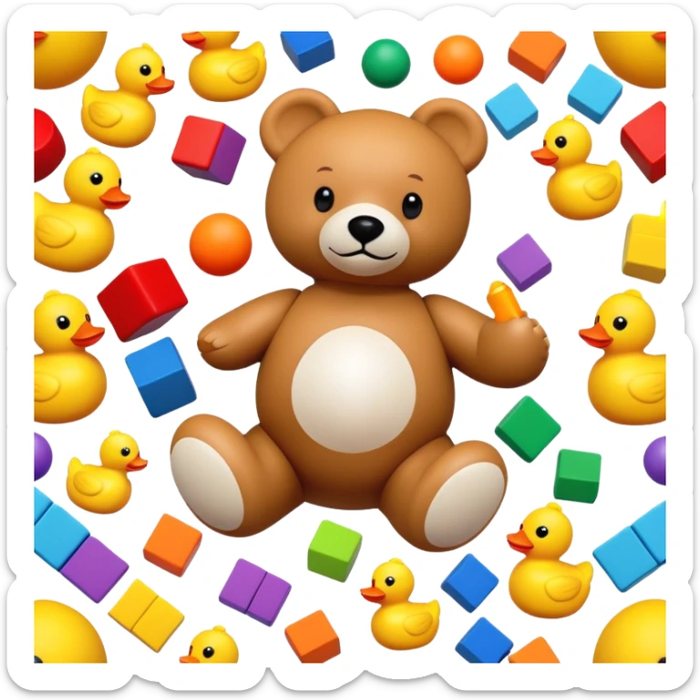 Colorful toys scattered together - teddy bear, rubber duck, toy blocks, ball, and action figures sticker
