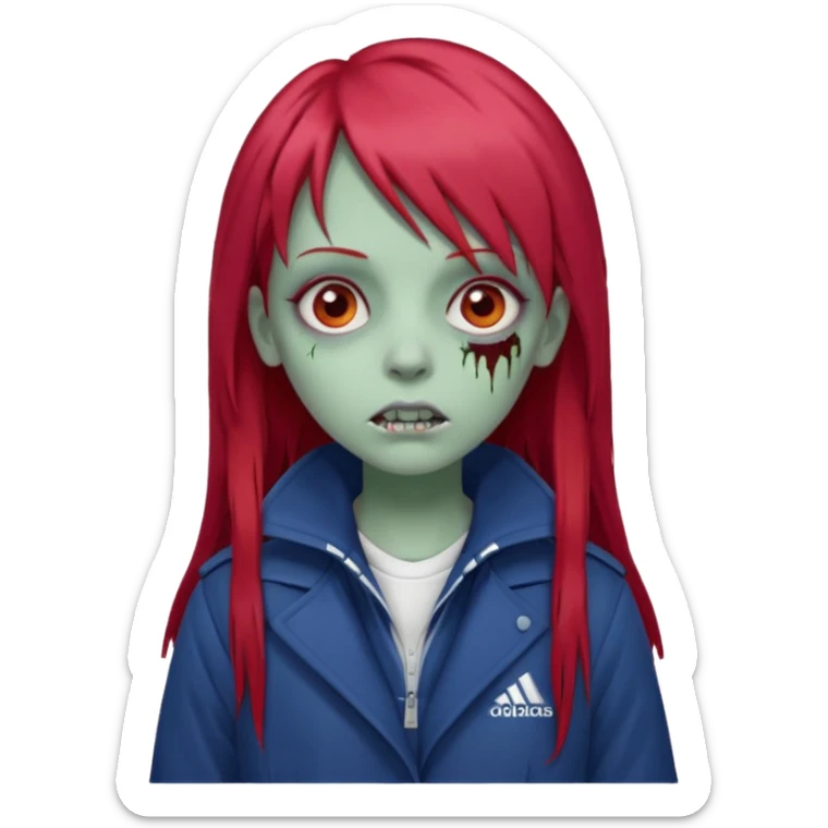 Crie um emoji de uma menina com bochecha gordinha com o cabelo vermelho longo com uma franja reta zumbi casaco de gola alta da adidas sticker