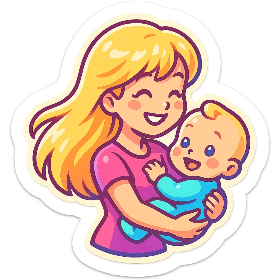 cute girl with long blonde hair holding a baby in her arms, smiling, side view, retro stickers style, thin clean outlines, soft rounded shapes, pastel palette, retro sticker aesthetic, detailed shadows and highlights, soft lighting sticker