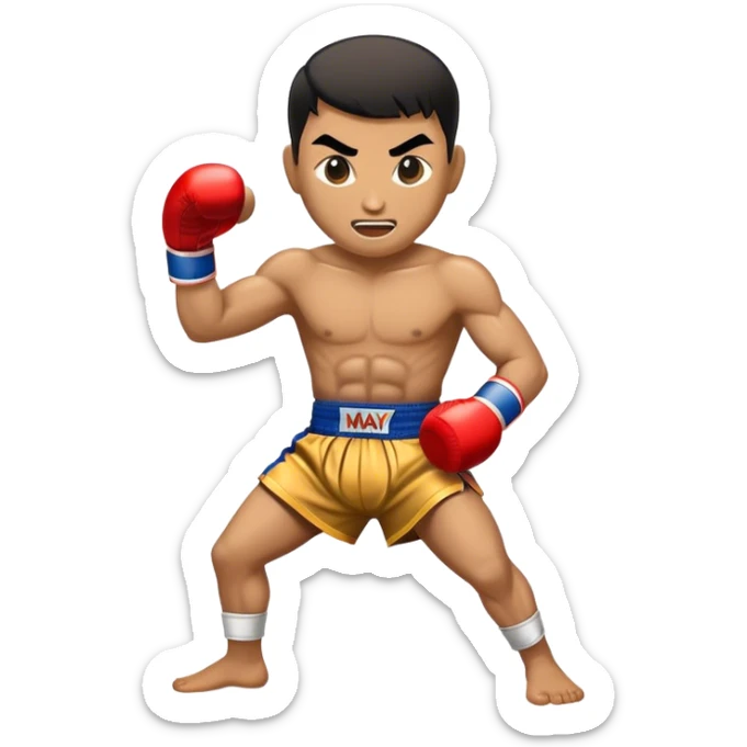 Cinematic Realistic Muay Thai Pop Culture Emoji, depicted with an action-packed portrayal of traditional Thai boxing rendered with bold textures and energetic, dramatic lighting. sticker