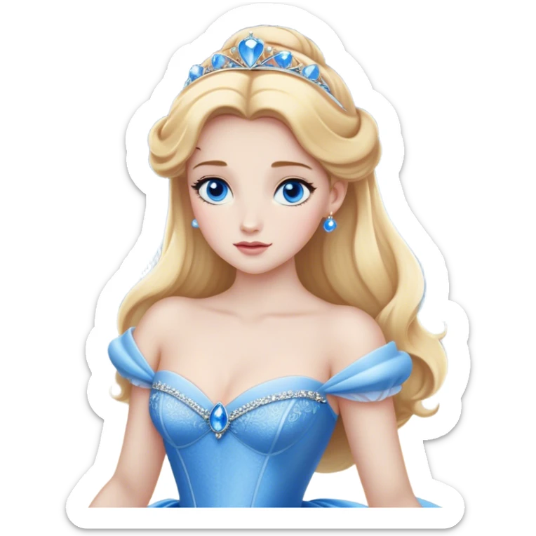 Cinematic Realistic Noble Cinderella Portrait, depicted with porcelain skin rendered in lifelike detail and soft, natural lighting that highlights every delicate nuance. Her intricately styled golden-blonde hair is arranged in an elegant updo, and her deep, expressive blue eyes radiate quiet determination. She wears her classic ball gown with rich fabric textures and delicate folds catching the light beautifully, all set against a subtly glowing, natural background that captures the essence of timeless royal grace. sticker