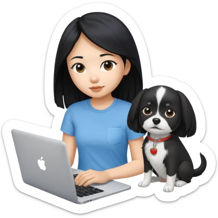 Asian girl long black hair, wearing a light blue t-shirt, working on an Apple laptop, next to her is a small black and white dog sticker