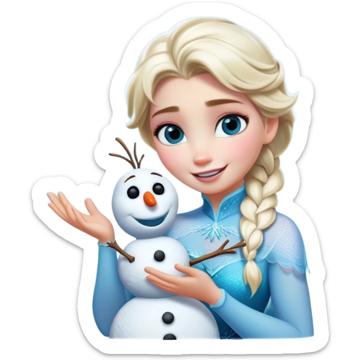 Cinematic Funny Elsa Portrait Emoji, Making a tiny snowman in her hands with a proud grin, looking smug as it dances, an unexpectedly hilarious moment of icy creativity! sticker