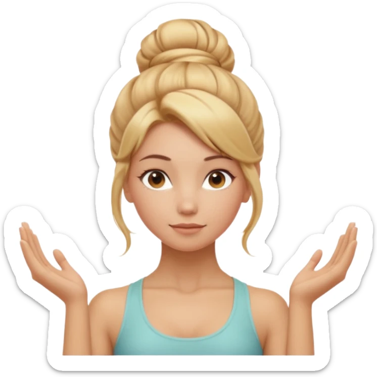 Cinematic Realistic Yoga Girl Portrait, depicted with lifelike skin texture, subtle rosy undertones, and soft natural lighting that enhances the gentle contours of her face. Her intricately detailed golden blonde hair is elegantly styled in an updo, sticker