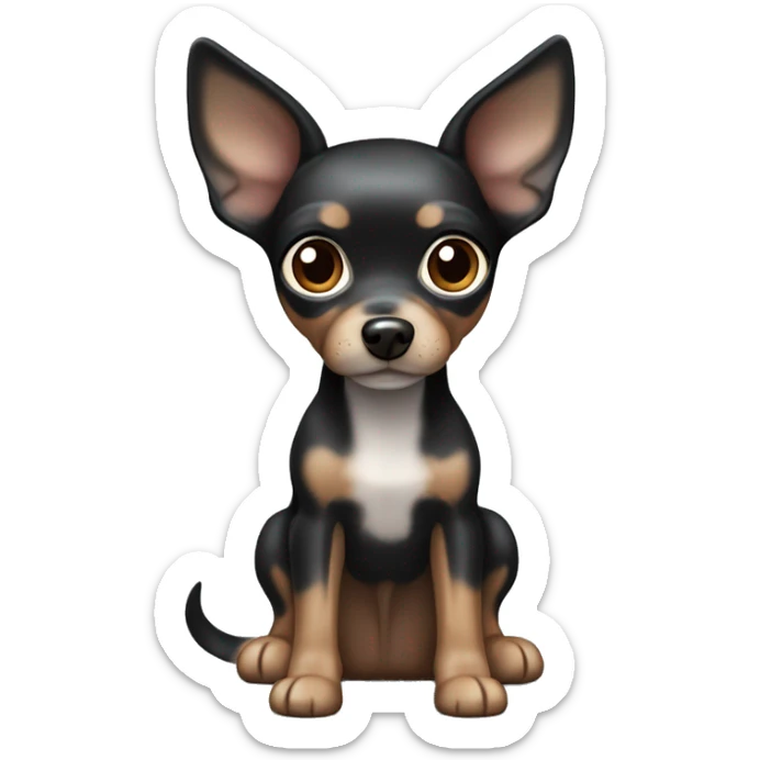 Cute Toy terrier, dark merle color (black, caramel and grey color, grey are spots) with big ears. One eye is dark brown, the other one is half dark brown half blue sticker