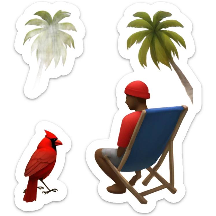 Create a picture of a person and a cardinal that are sad from grief sitting on beach with palm trees during a sunset sticker