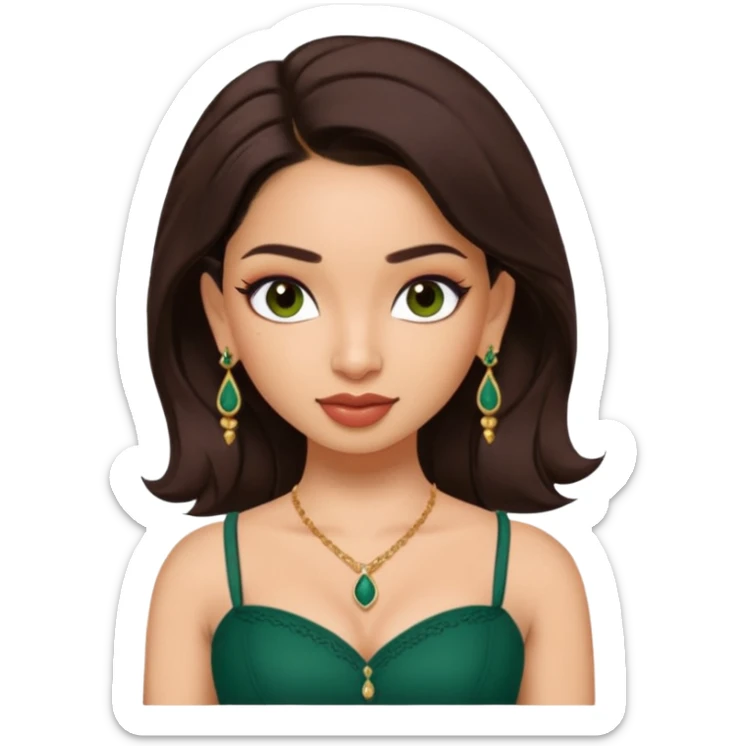 pretty bratz genmoji that looks like tamannah bhatia (bollywood actress), wearing a dark green sweetheart neckline top, dark brown hair, light makeup, no necklace, dangly earrings, side hair part, dark brown eyes, with tattoos sticker