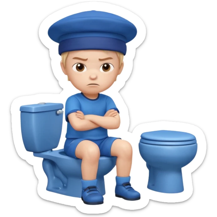 3D cartoon child character in blue outfit and blue hat, sitting on a toilet, looking angry with crossed arms, pastel background, preschool animation style." sticker
