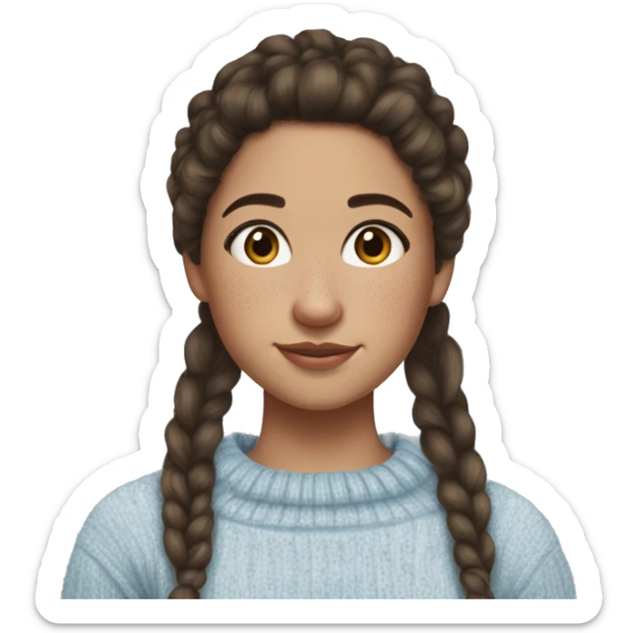 teenage girl, hispanic, freckles, afro brown hair, pony tail, medium length hair, brown eyes, light blue sweater, winter sweater, freckle sticker