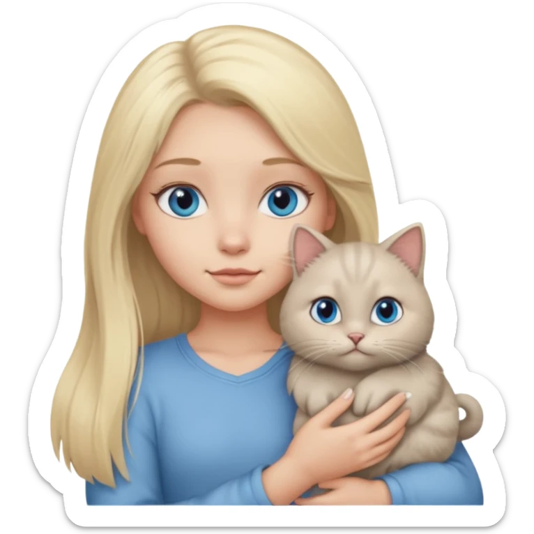 blonde girl with long blonde hair and blue eyes with chubby gray cat sticker