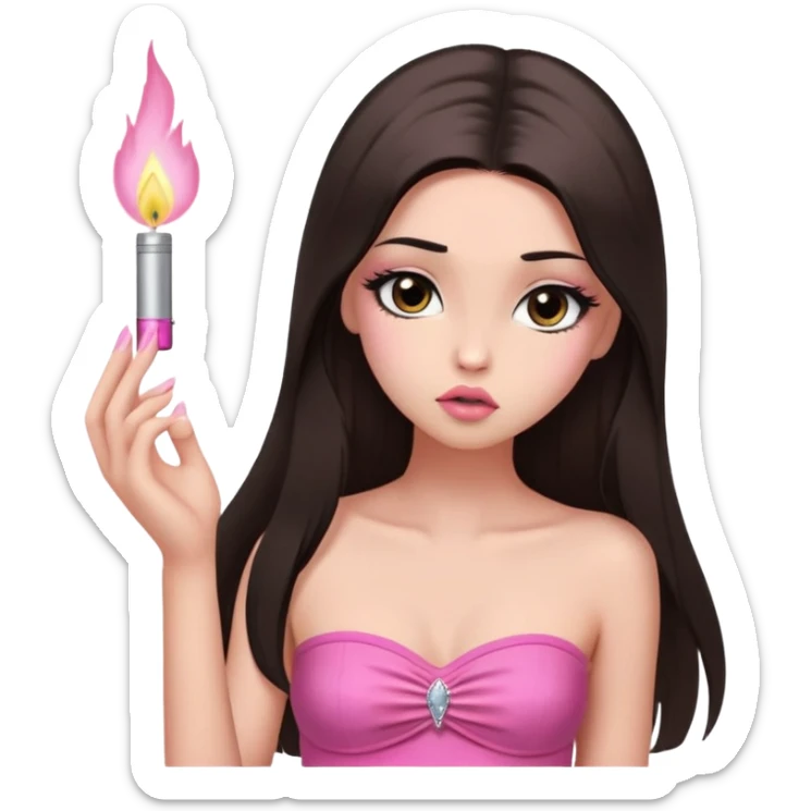 girl with lighter skin, dark brown long straight hair falling in front of her body, pouty shiny lips without cupid's bow, shiny large eyes with long eyelashes, lighter button nose, very long oval-shaped face, wearing a pink bandeau top with straight neckline, looking directly at camera with hands down at sides sticker