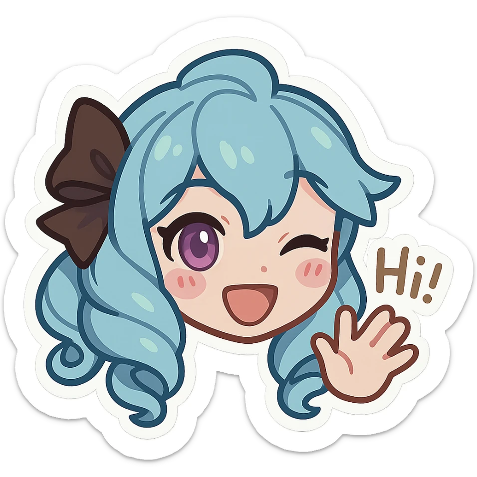 Gwen from League of Legends, chibi emote style, only head visible, right eye purple, happy hi expression, waving hand, eyes open, cute and expressive sticker
