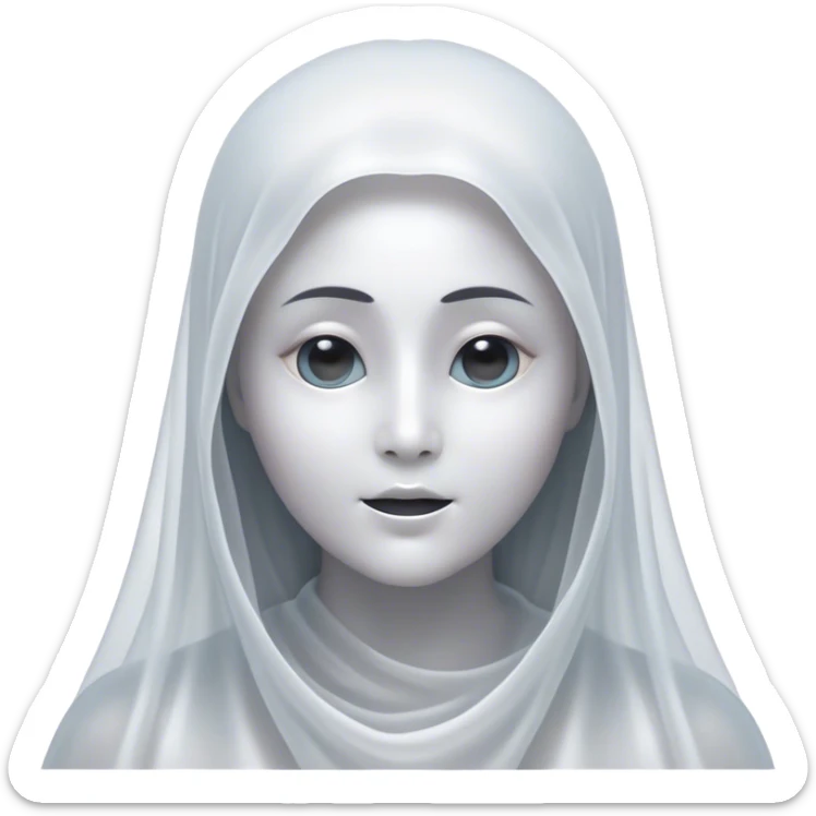 Cinematic Noble Ghost Portrait Emoji, Ethereal and dignified, with a flowing, translucent form in silvery-white hues, wispy and majestic, and a calm, otherworldly expression with deep, thoughtful eyes, simplified yet sophisticated features, highly detailed, glowing with a soft, spectral radiance, high shine, exuding regal mystery and quiet authority, with a soft glowing outline that captures the essence of a ghostly guardian drifting from another realm! sticker