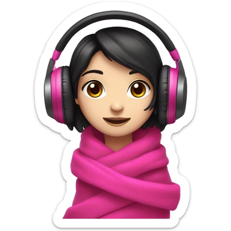 Girl with pale white skin, brown eyes, and black hair wearing hot pink gaming headphones, blanket wrapped around her sticker