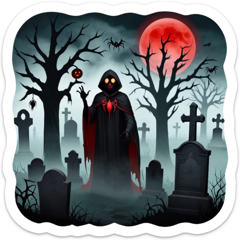 Icon for Horror Movies: A chilling collage with dark silhouettes of monstrous figures, eerie graveyards, and creepy elements like spiders and tombstones. Ghostly fog surrounds, with a blood-red moon in the sky. The mood is unsettling, eerie, and haunting. Transparent background. sticker