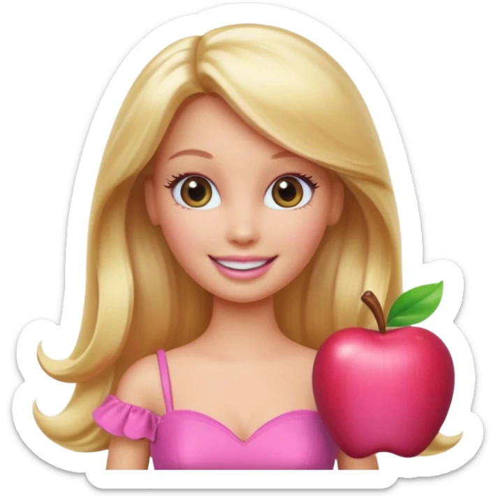 A Barbie-inspired Apple emoji character, big shiny emoji eyes, long blonde hair, wearing a pink dress, smiling, 3D Apple emoji style, clean white background, soft shading. sticker