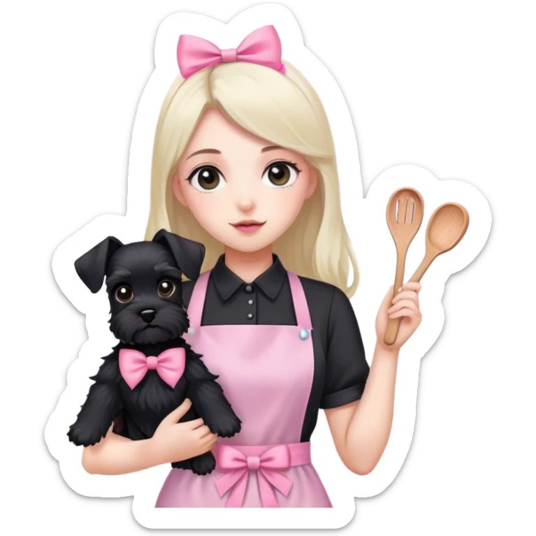 pale girl with long back hair wearing black long shirt wearing apron holding black  schnauzer pink bow sticker