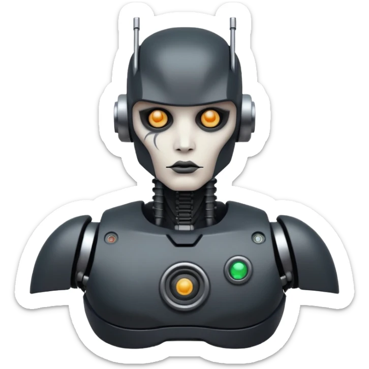 black metal Tatooed robot with radar, big many tatooes on chest, neck and face, white tatoo on face sticker