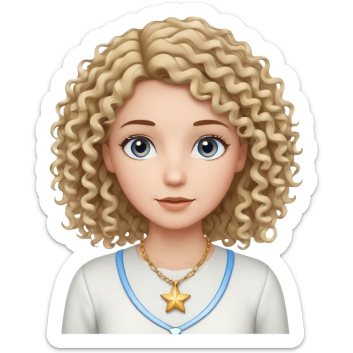 Very white woman, with blue/grey eyes, straight brown hair that is a little bit blonde and the tips are curly, cute white outfit, star neckless sticker