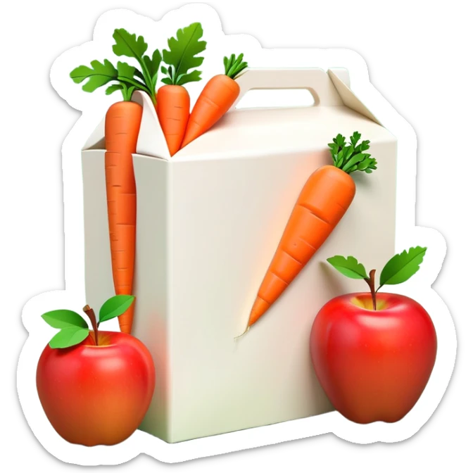 Apply the profile to render a 3D food icon with milk, carrots and apples. A milk (or juice) paper box standing behind, a bright red apple with green leaves on the right, and an orange carrot with green tassels lying horizontally in front. These items all have a smooth, round, and brightly colored cartoonized or iconized appearance, commonly used to represent scenes or concepts related to food staples, healthy eating, nutrition, or daily dining.Octane render. 8k. sticker