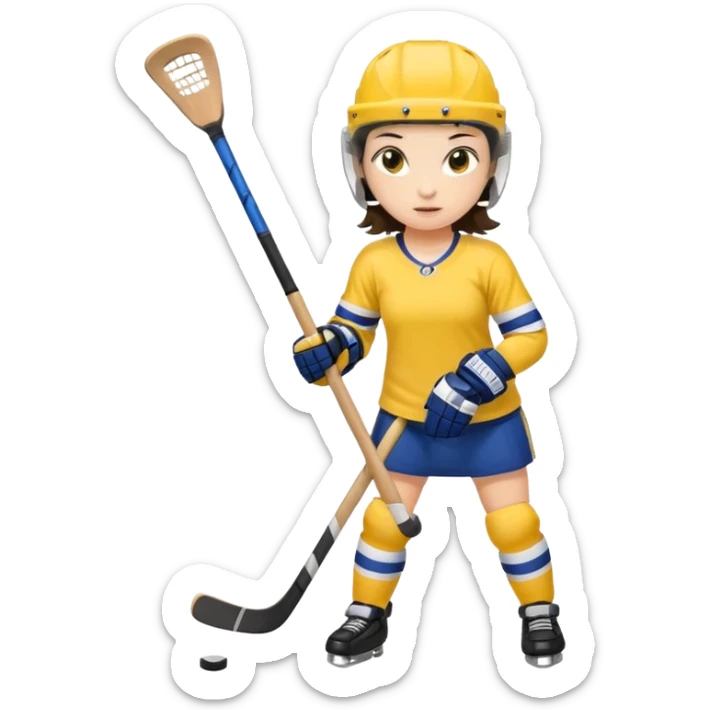 Girl hockey player with yellow jersey full body brunette with helmet sticker