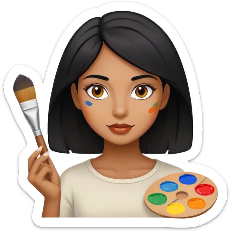 painting, artist, black hair tanned woman, paint pallet colors and paint brush sticker