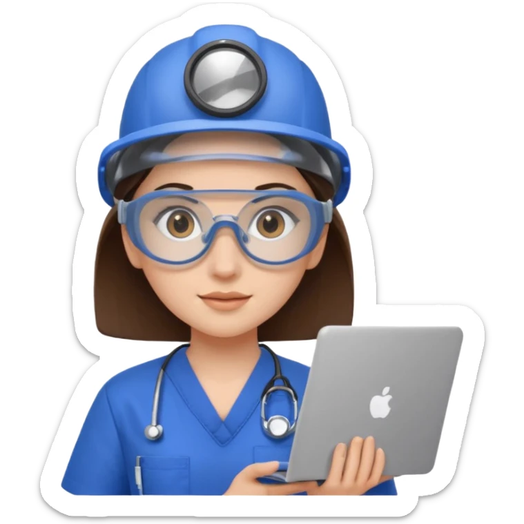 i need a brunette young woman in blue scrubs with brown eyes fair skin with safety goggles on and a laptop for research sticker