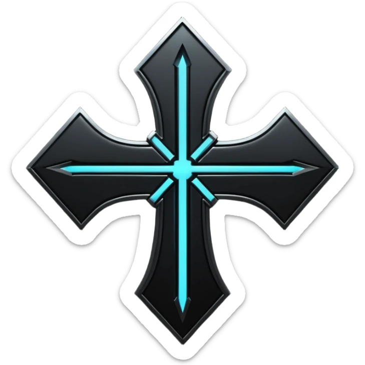 Emoji, dark futuristic cross, symmetrical geometric shape, black metal, gothic cyber aesthetic, minimal flat design, sharp edges, centered, transparent background do not use any other colors but metal and black sticker