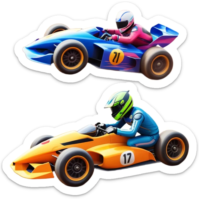 A sleek racing car and motorcycle speeding on a track, leaving a trail of dust behind. The scene captures the thrill of high-speed competition, with blurred motion and vibrant colors, highlighting the dynamic energy of motorsport. sticker