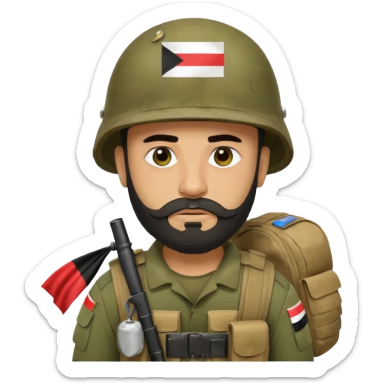 A very tired and sad, swarthy Iraqi soldier with a beard, an Iraqi flag on his helmet, a sad expression and bags under his eyes sticker