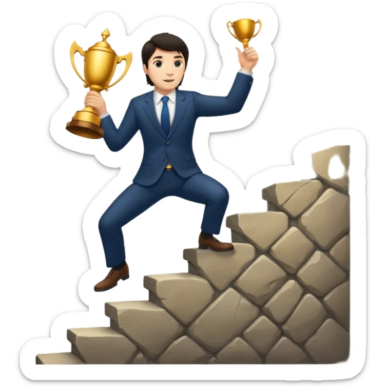 UN HOMBRE DE PIEL CLARA Y PELO OSCURO SUBIENDO ESCALERAS PARA ALCANZAR UN TROFEO sticker