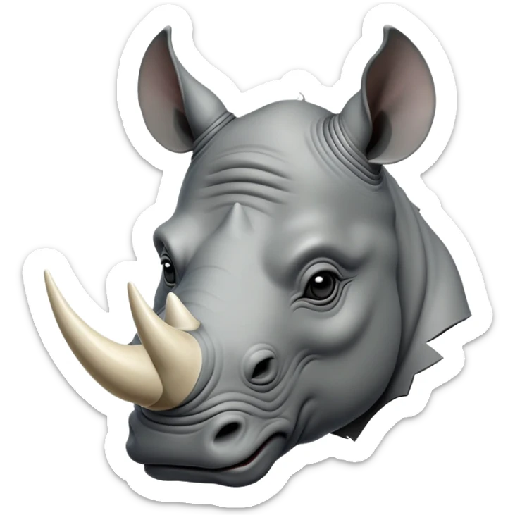 cinematic-noble--rhinoceros-portrait-emoji,slate-grey-hide--poised-and-regal,-with-a-massive,-powerful-build-and-a-thick, ivory horn, -deep-set-soulful-piercing-eyes,-simplified-yet-sharp-and-sophisticated-features,-highly-detailed,-large-black-eyes, zoomed out showing shoulders sticker