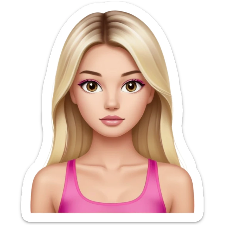 Victoria’s Secret model with long light blonde straight balayage hair, dark brown almond and small eyes, oval face, small lips, skinny long waist, firm legs, pink crop top sticker
