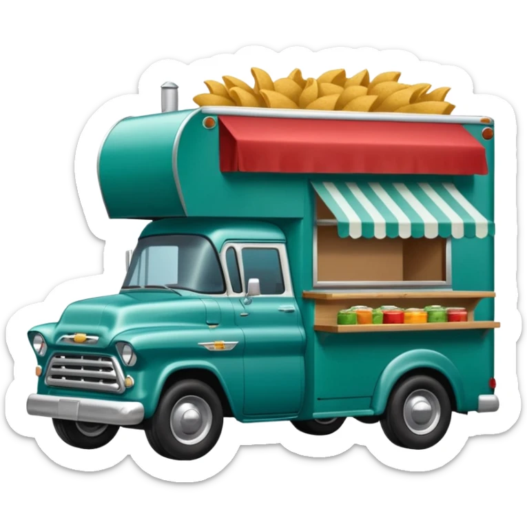 A 2022 half ton bluish green Chevrolet pulling a chuck wagon style food truck sticker