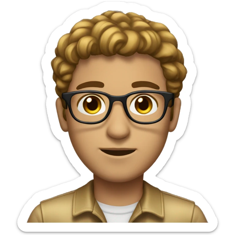 Heitor with Glasses, Light Skin, Brown Hair, Gold Clothes, Straight Hair, Brown eyes, Black Borders glasses, Transparent Lenses for Glasses. sticker