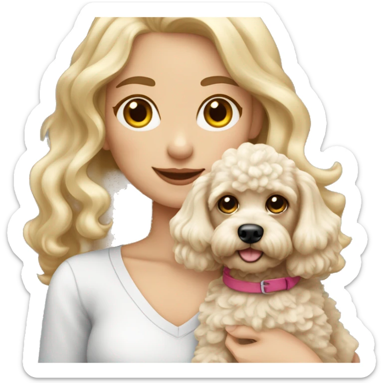 White blonde long wavy hair girl holding a cute toypoodle dog with short ears wavy fur sticker