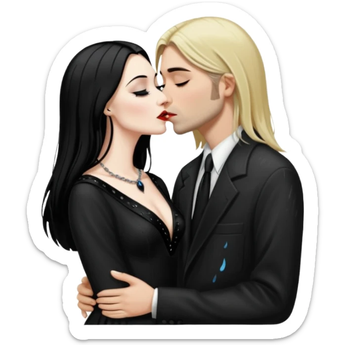 Realistic morticia addams kissing sweetly Kurt Cobain in the rain. sticker