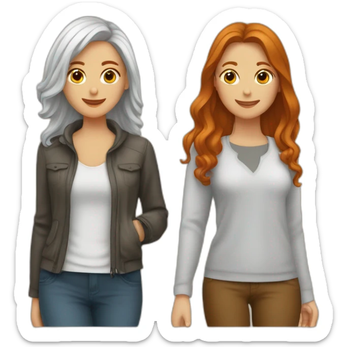 Couple de deux femmes, une personne blanche et rousse et une personne métisses aux cheveux brun  sticker