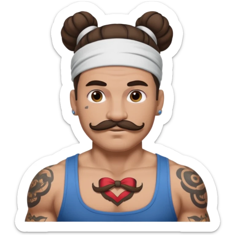 single big bun brunette hair man and mustache and face tattoos very heavy and headband sticker